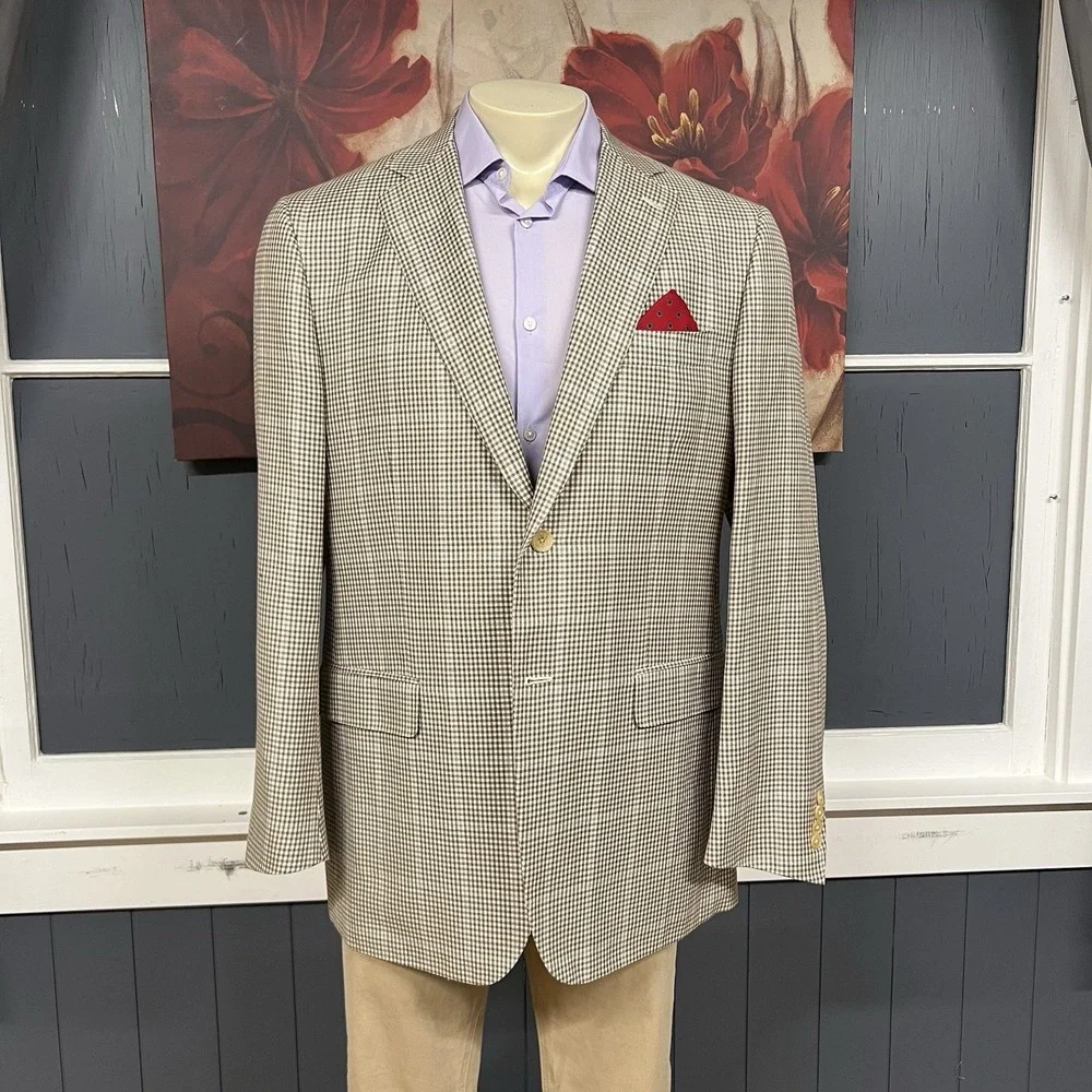 Isaia Napoli Wool Linen Blazer Jacket Sport Coat Mens 44L Long Beige/Brown/Blue